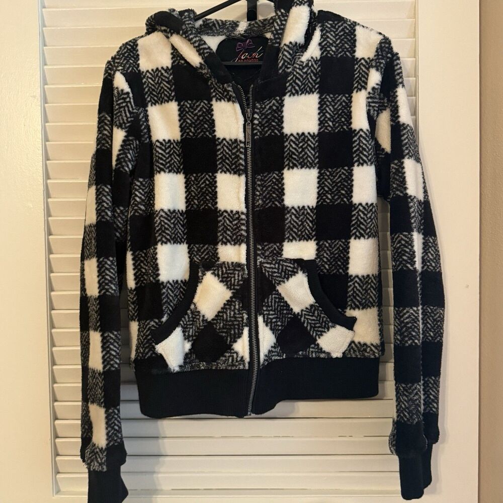 Jack By BB Dakota Cropped Hoodie B&W Plaid Fleece Size L Cabincore Zip Up Jacket